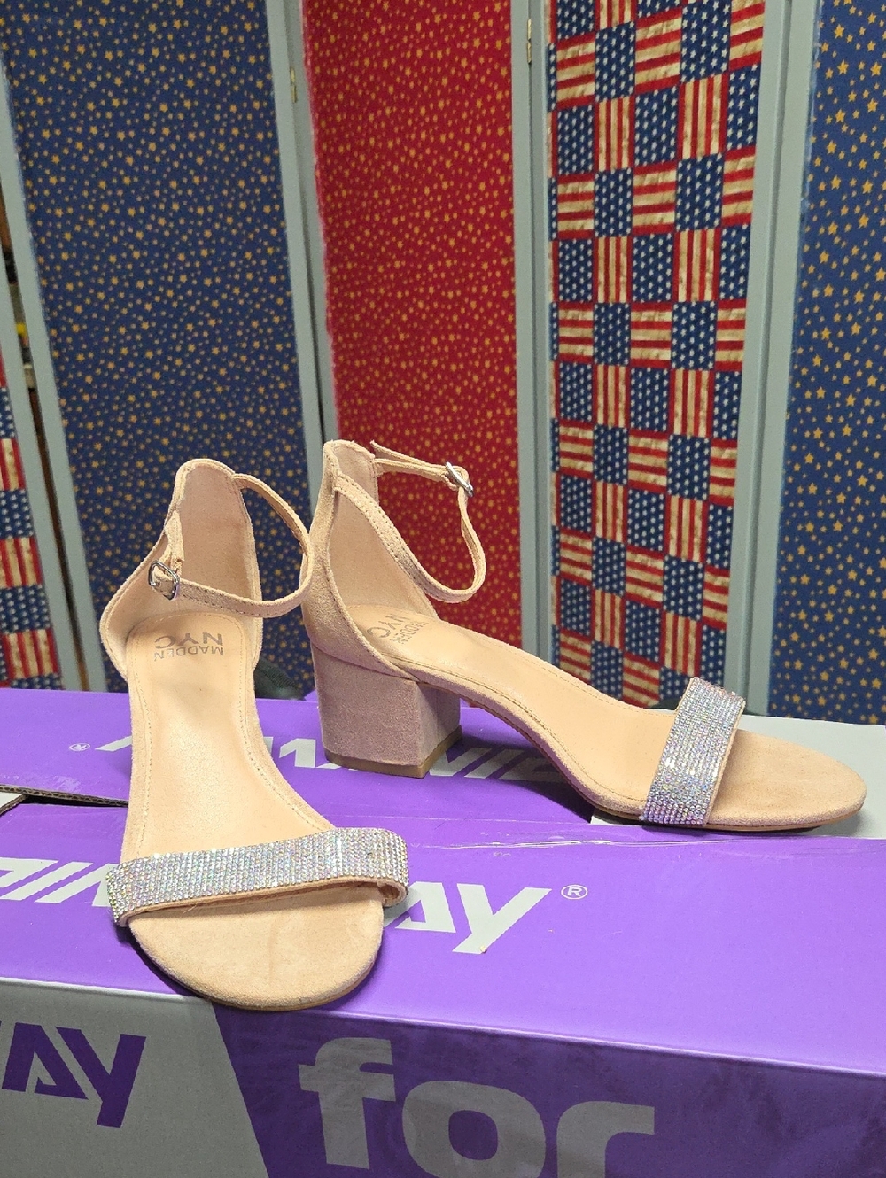 Sparkle Strap Block Heel Sandals in Nude with Ankle Strap